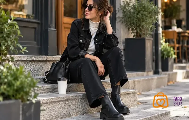  استایل کت جین مشکی با شلوار جین خاکستری