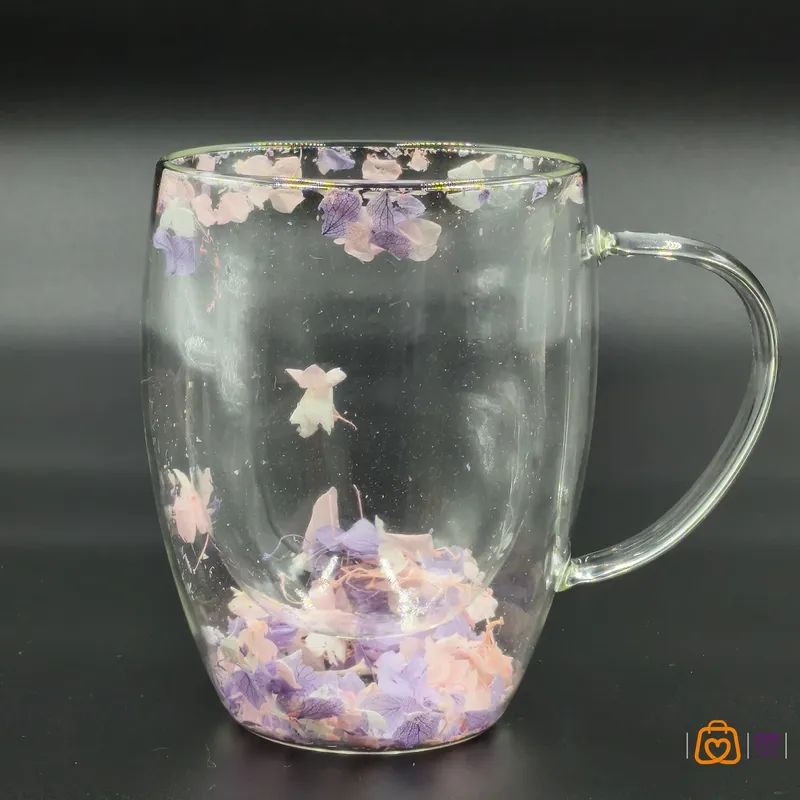 ماگ پیرکس دو جداره با تزیین گل های بهاری